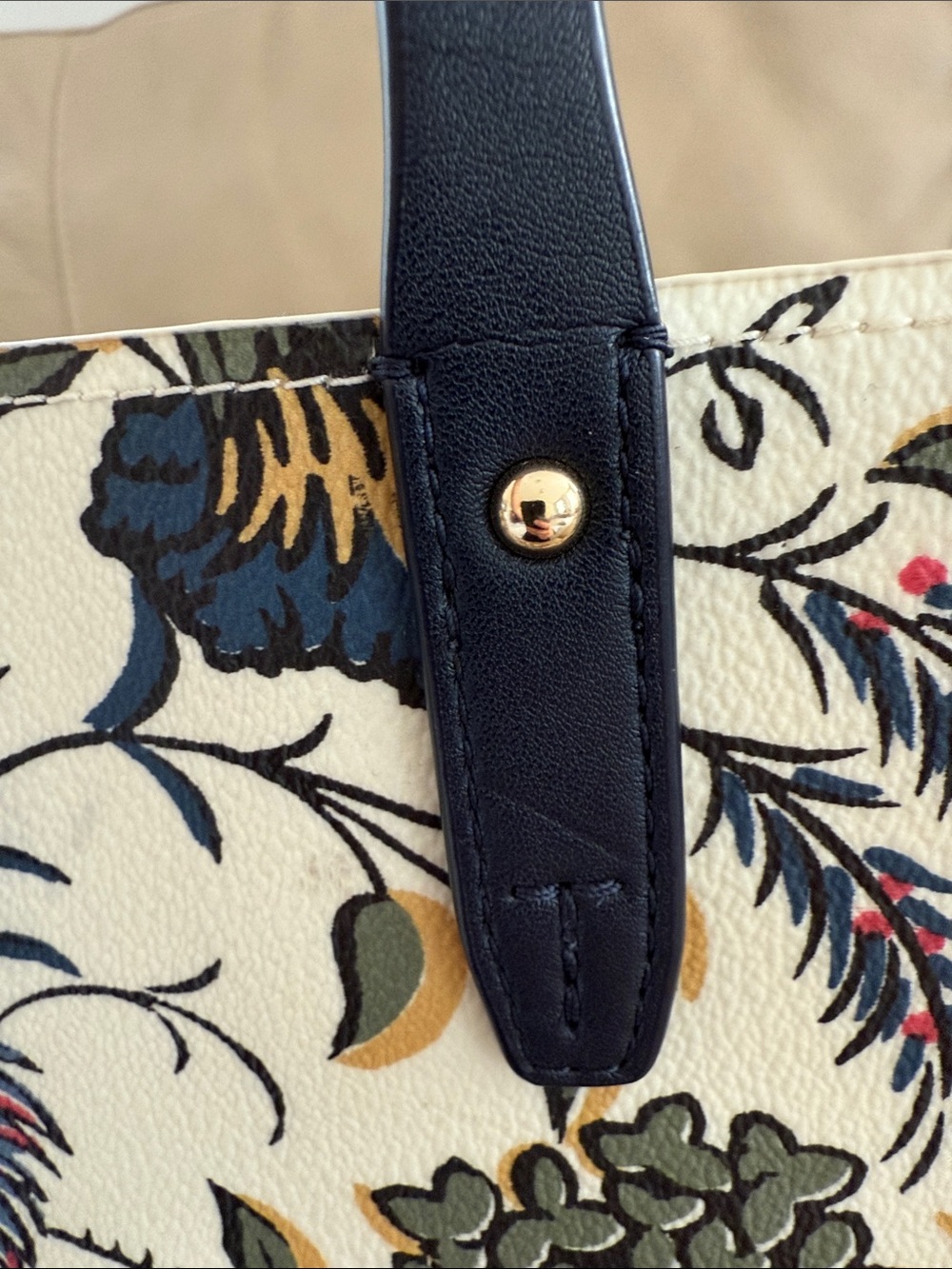 Tory Burch Floral Print Tote Bag with Navy Handles - Cream & Multicolor - Picture 14 of 15